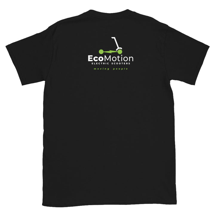 Rear view of a black EcoMotion T-shirt showing the EcoMotion logo and the slogan "Moving people.